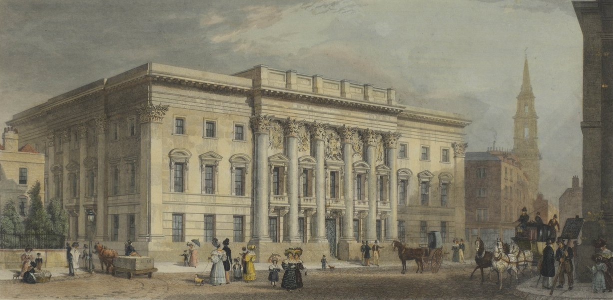 A 19th century hand-coloured engraving of Goldsmiths’ Hall from a drawing by Thomas Shepherd