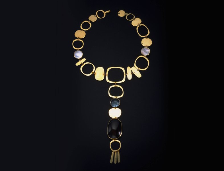 Necklace, 1962, by Gerda Flöckinger. 14ct gold set with blister pearls, smoky quartz and cabochon aquamarine. 
