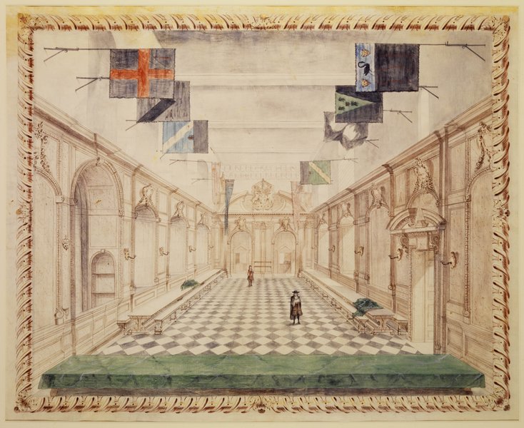 A watercolour of the Livery Hall of the second Goldsmiths’ Hall by John Ward, c. 1692.