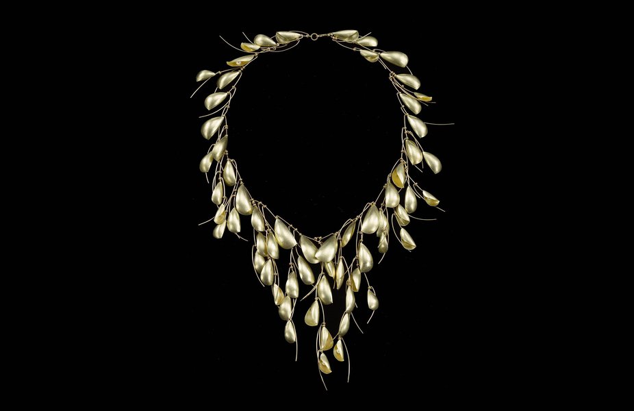 Necklace, 2014, by Jane Adam. 18ct green and yellow gold with Akoya pearls
