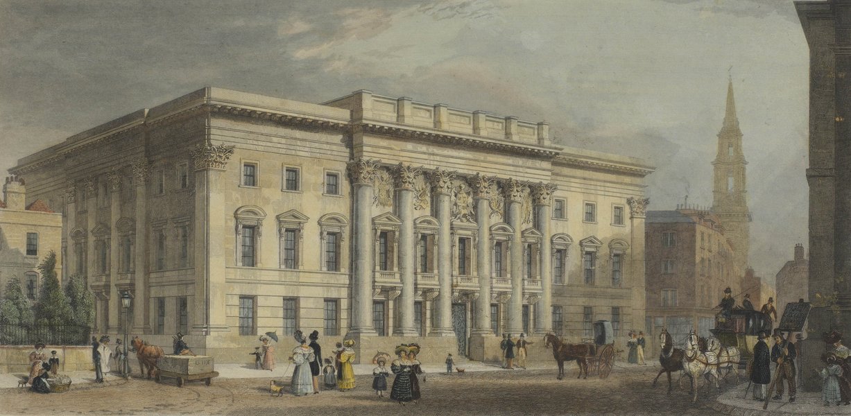 A 19th century hand-coloured engraving of Goldsmiths’ Hall from a drawing by Thomas Shepherd.